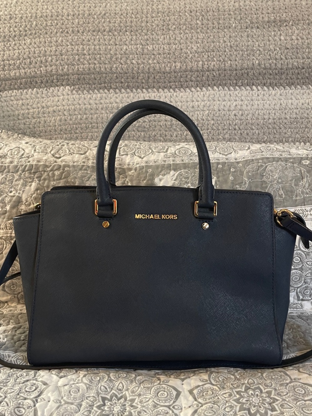 Michael Kors Midnight Blue Saffiano Satchel with Gold Hardware